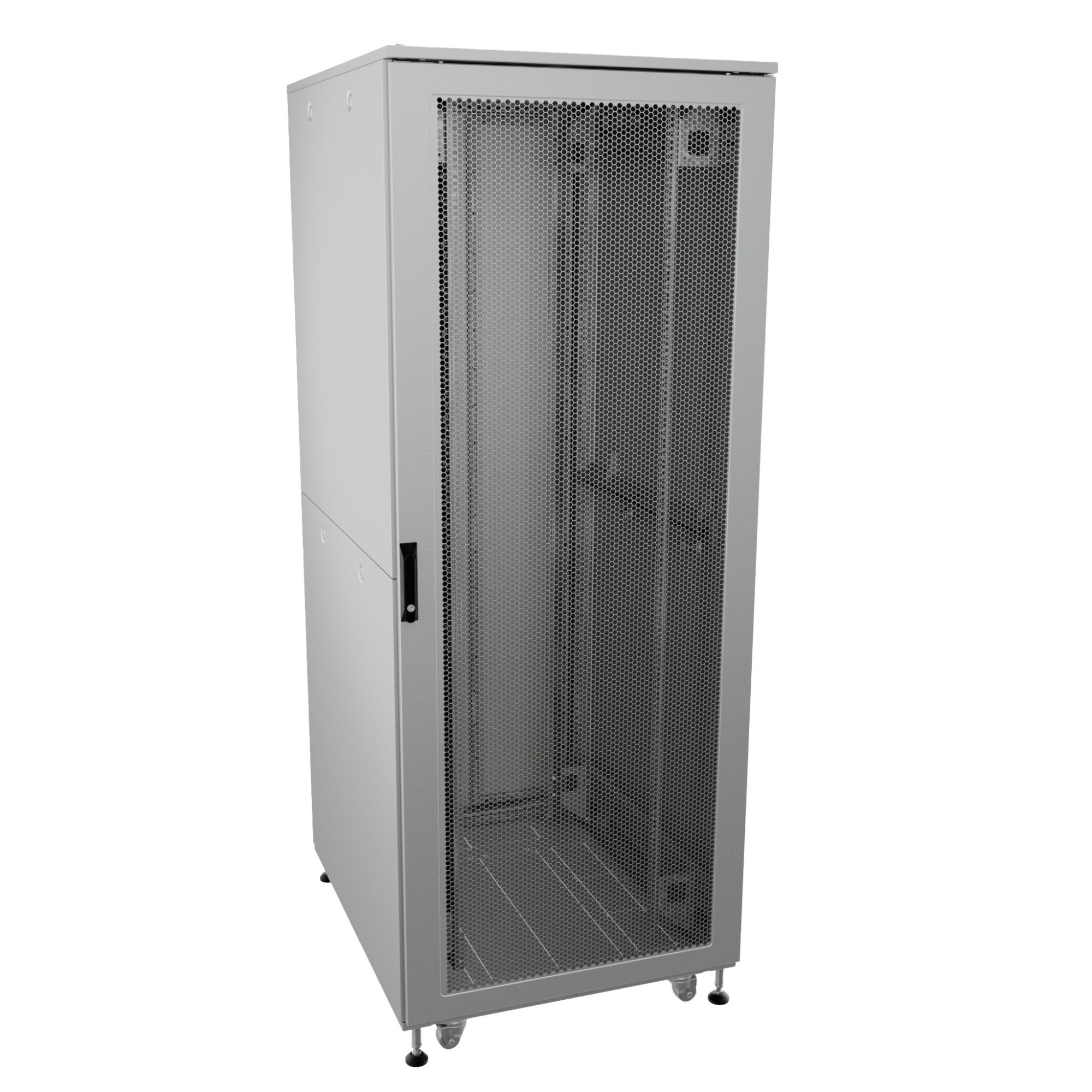 Шкаф ДКС телекоммуникационный, Серия Т, напольный, разобранный 19", 24U 600x1000мм, крыша с вырубкой, дверь перф. и перф., одинарные боковые панели, серый RAL7035