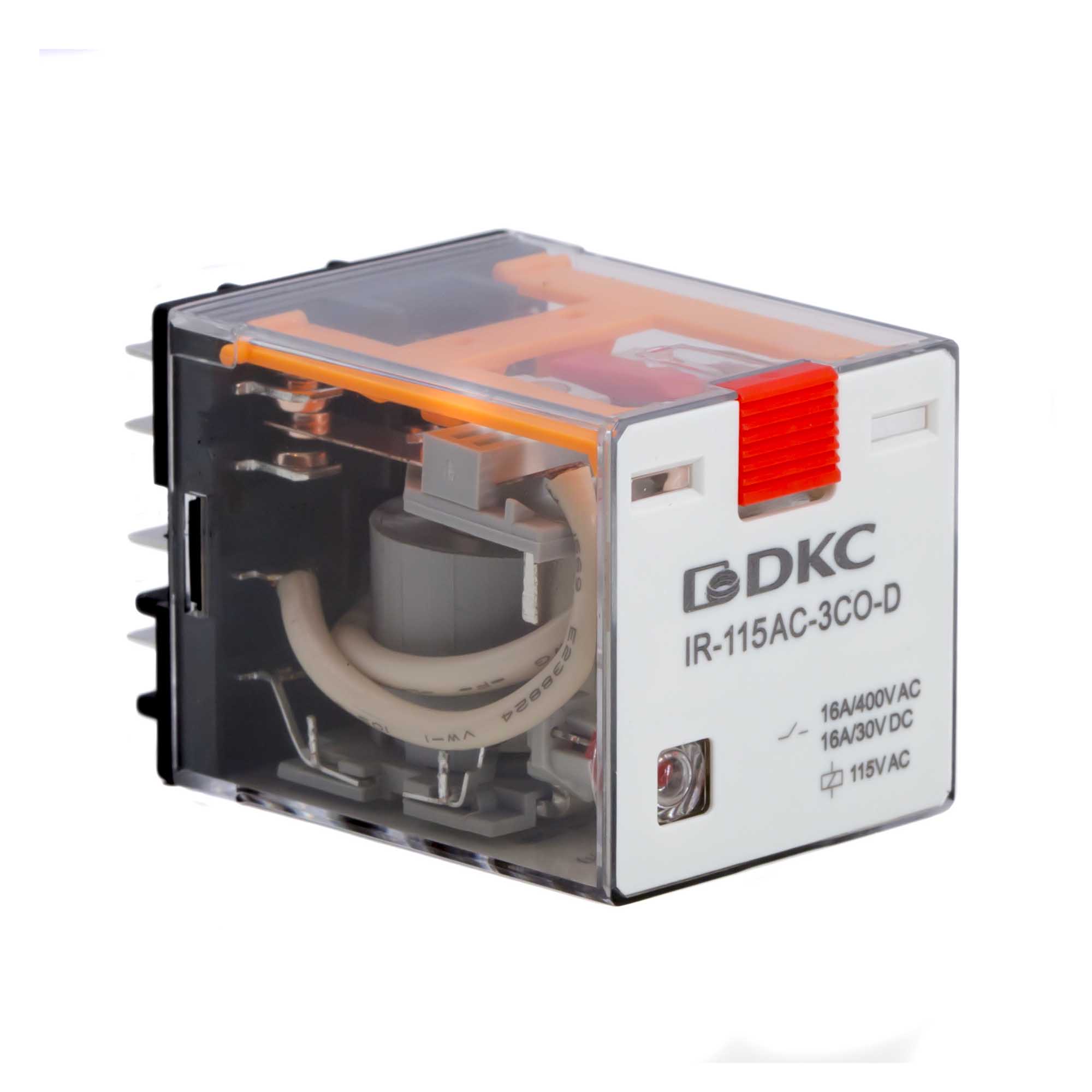 Реле миниатюрное силовое, 3CO, ком. ток 16А, AgSnO2, напряжение 115V AC, опция: тест-кнопка+светодиод