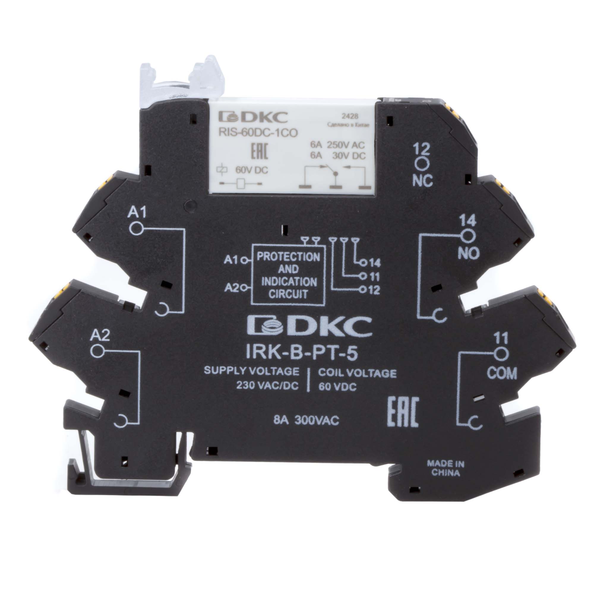Реле интерфейсное, 1CO, ком. ток 6А, AgSnO2, напряжение 230V AC/DC, push-in клеммы.
