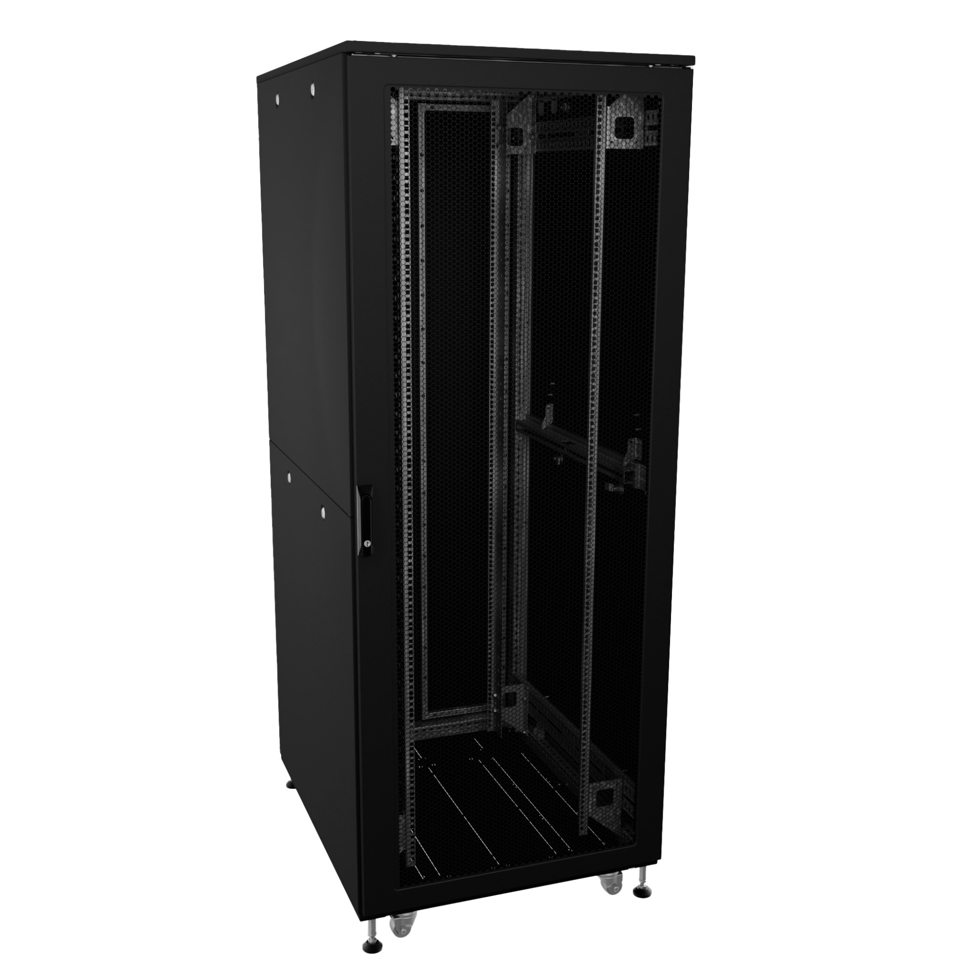 Шкаф ДКС телекоммуникационный, Серия Т, напольный, разобранный 19", 24U 600x800мм, крыша с вырубкой, дверь перф. и перф., одинарные боковые панели, черный RAL9005