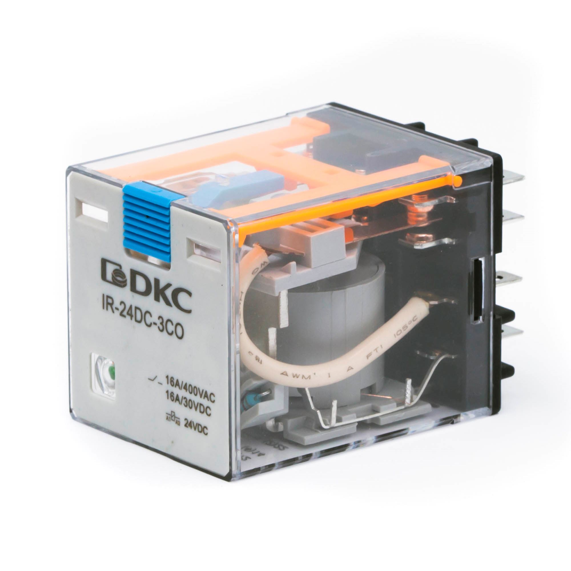 Реле миниатюрное силовое, 3CO, ком. ток 16А, AgSnO2, напряжение 12V DC, опция: тест-кнопка+светодиод+защитный диод